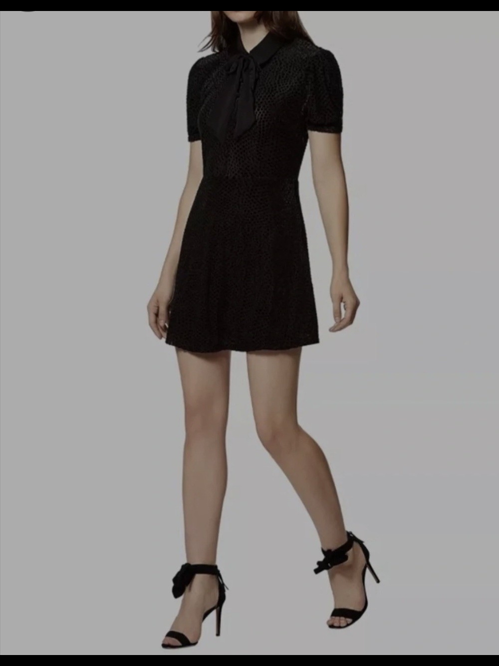 Avec Les Filles Elegant Black Polka Dot Tie-Neck Mini Dress